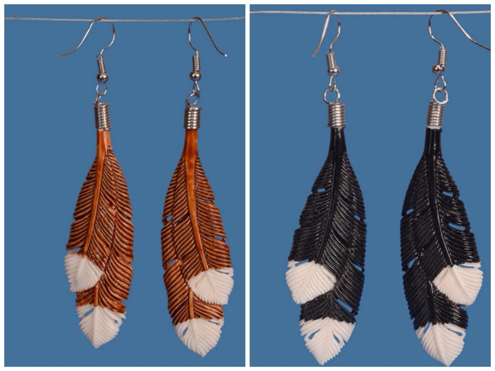Black and brown Intricate Bone Feather Earrings. "Special 2 for $70" — view 1